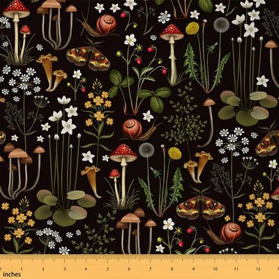 Cute Mushroon Fabric by The Yard Wild Flowers Jungle Plants Decor Soft Flannel Polyester No Stretch Sewing Craft Natural Moth Snail Rustic Style Fabric for Home DIY Projects,10 Yards,360" L x 59" W