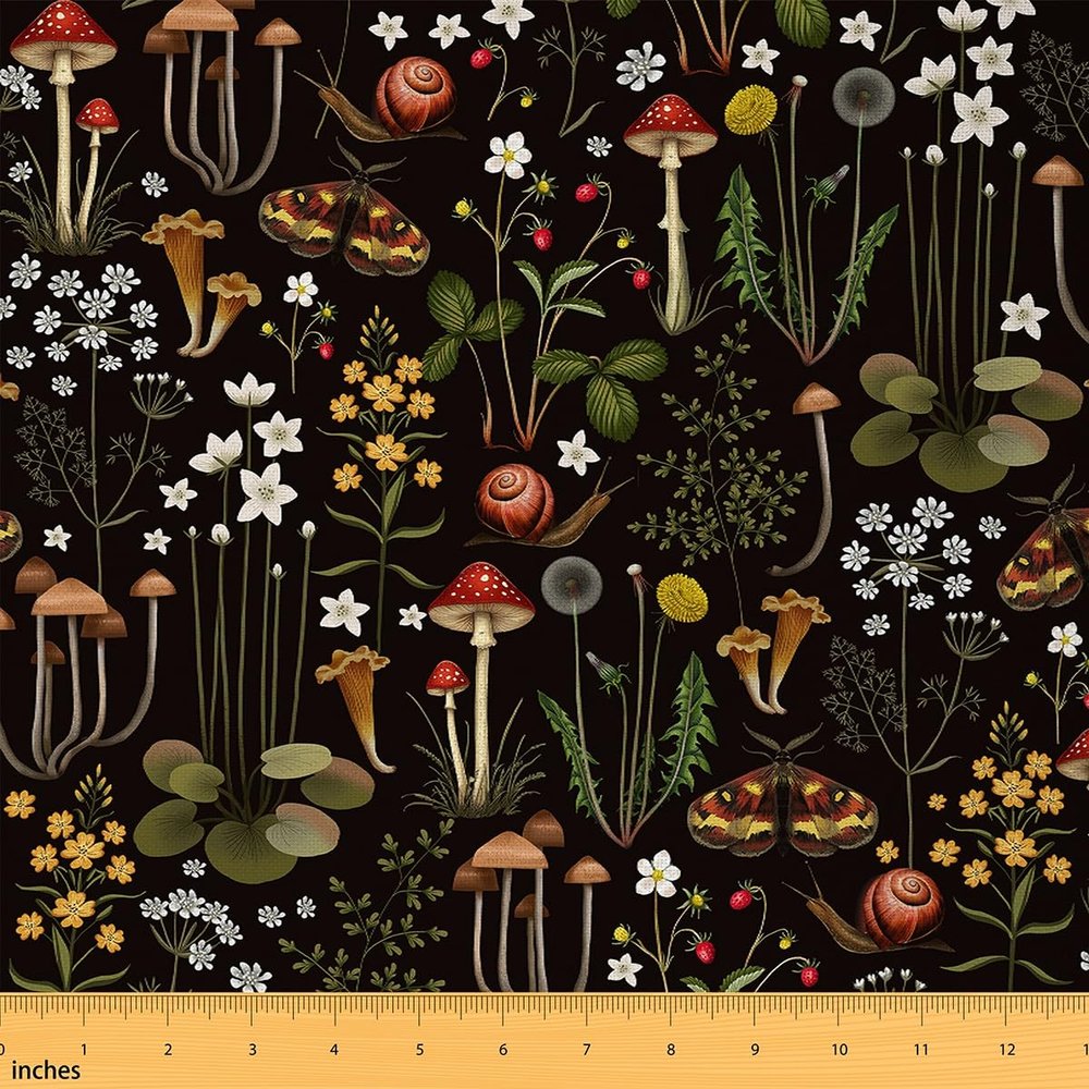 Cute Mushroon Fabric by The Yard Wild Flowers Jungle Plants Decor Soft Flannel Polyester No Stretch Sewing Craft Natural Moth Snail Rustic Style Fabric for Home DIY Projects,10 Yards,360" L x 59" W