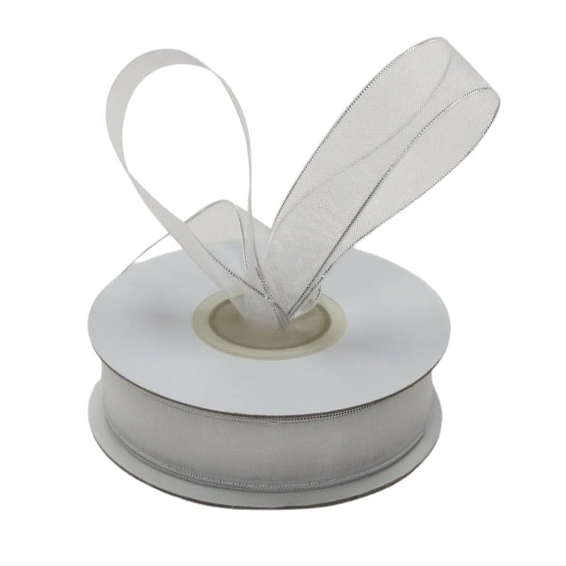 Ribbon Bazaar Metallic Edge Organza - White (Silver Edge) 5/8" 25yd Spool