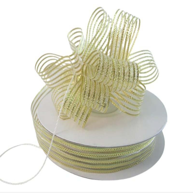 Ribbon Bazaar Mesh Pull Ribbon with Metallic Pencil Stripes - Gold 5/8" 25yd Spool