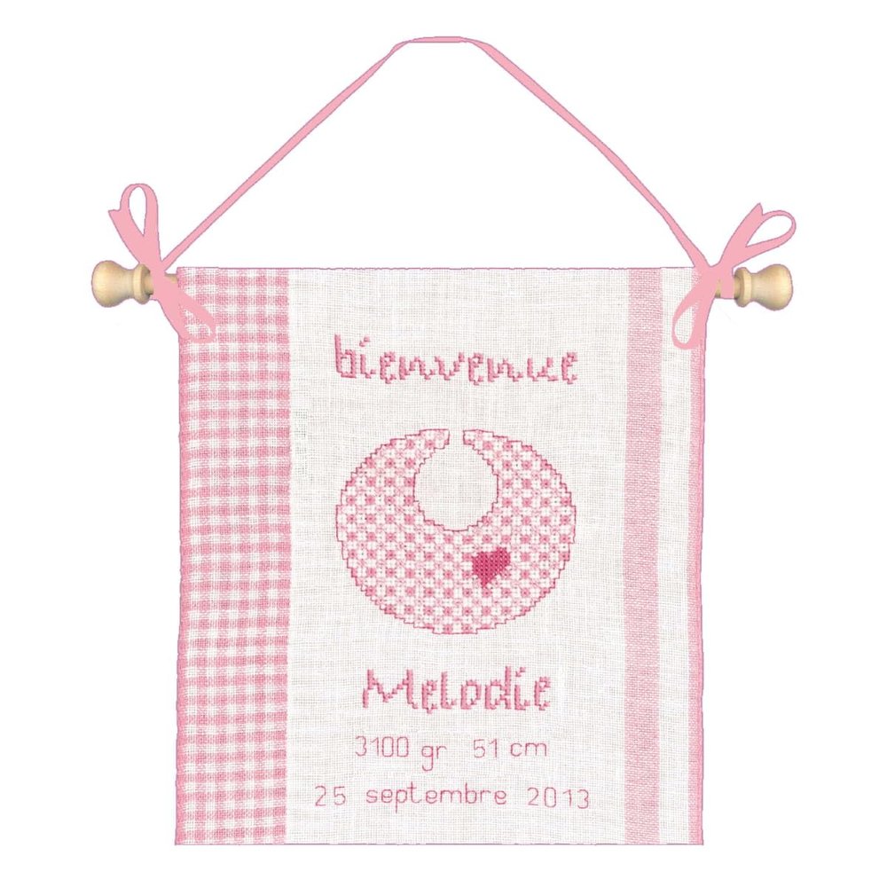 Le Bonheur des Dames Cross Stitch Kit Wall Hanger Welcome Birth Pink Counted Pattern 20 x 24 cm