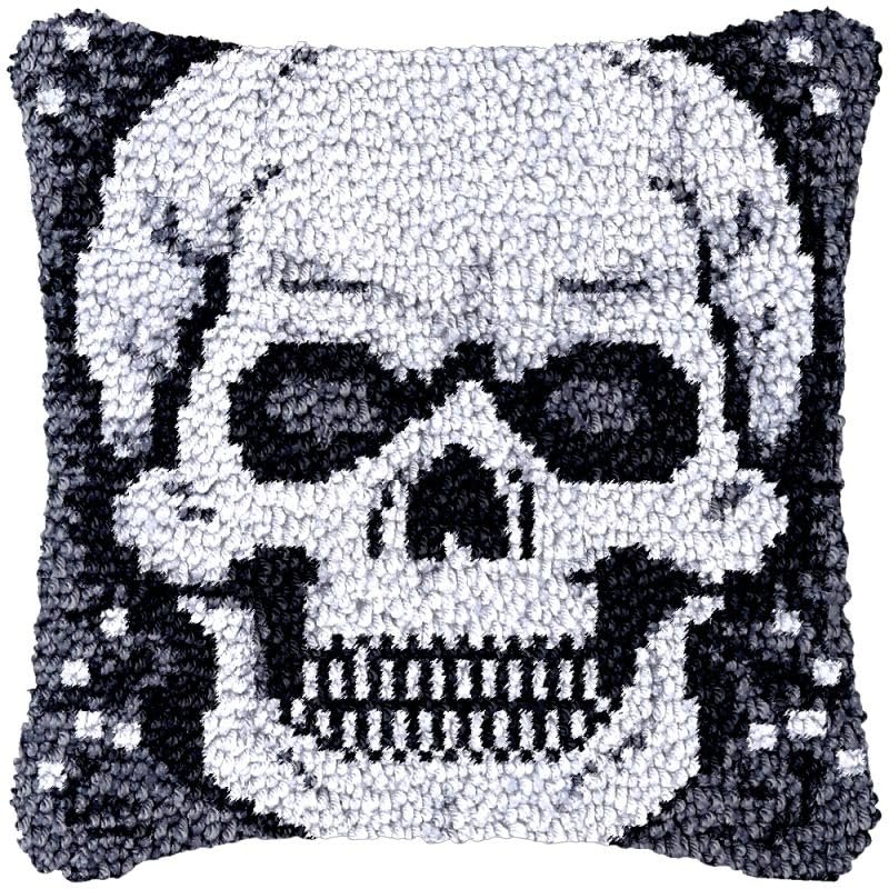 Latch Hook Kits Square Pillowcase Kits Skull Skeleton Latch Hook Cushion Throw Pillow Embroidery Craft Kits for Beginner DIY Latch Hook Rug Kit with Printed Canvas Hobby & Craft 43x43cm