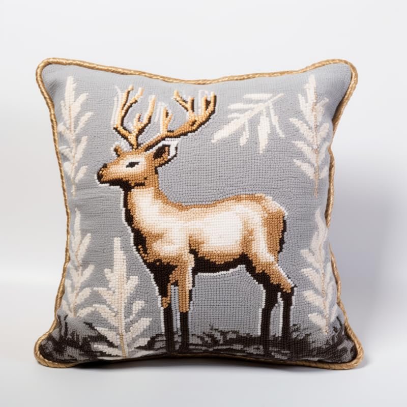 Deer Latch Hook Kits Square Pillowcase Kits in Grey Christmas Latch Hook Cushion Rug Throw Pillow Mat Embroidery Craft Kits for Beginner with Printed Pattern Canvas Home Decor 43x43cm
