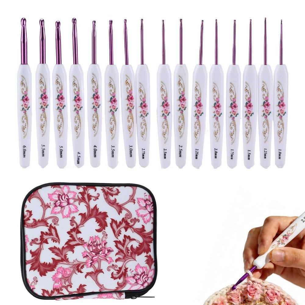 Crochet Hooks, 16Pcs Crochet Hook Set 1 to 6mm Kit Ergonomic Hook Set with Blue and White Porcelain Flower Pattern for Knitting Ergonomic Handle Needles (Pink)