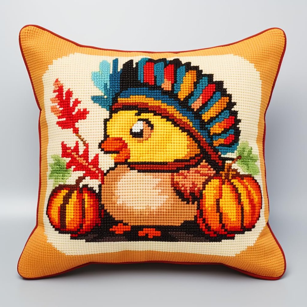Thanksgiving Day Pumpkin Chicken Turkey Latch Hook Kits Pillow Crochet Yarn Rug Pre-Printed Cushion Needlework Pillowcase Hook and Latch Kit Home Sofa Decoration 43x43cm(7)