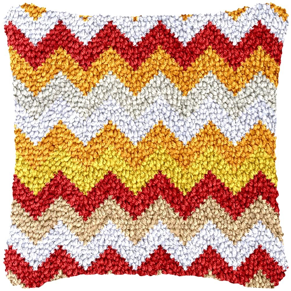 Thanksgiving Day Wave Stripes Latch Hook Kits Pillow Crochet Yarn Rug Pre-Printed Cushion Needlework Pillowcase Hook and Latch Kit Home Sofa Decoration 43x43cm(5)