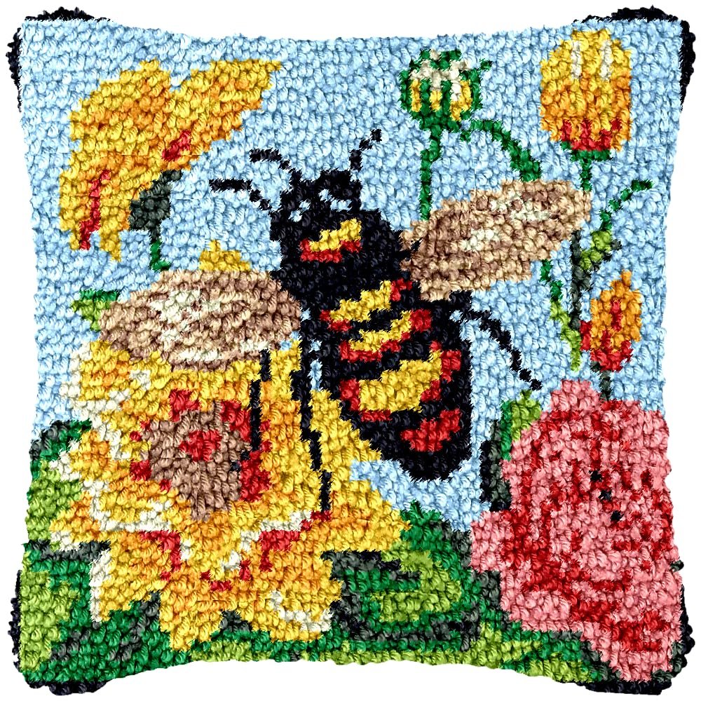 Bee and Flowers Latch Hook Kits Pillow Crochet Yarn Rug Pre-Printed Cushion Needlework Pillowcase Hook and Latch Kit Christmas Home Sofa Decoration 43x43cm(1)