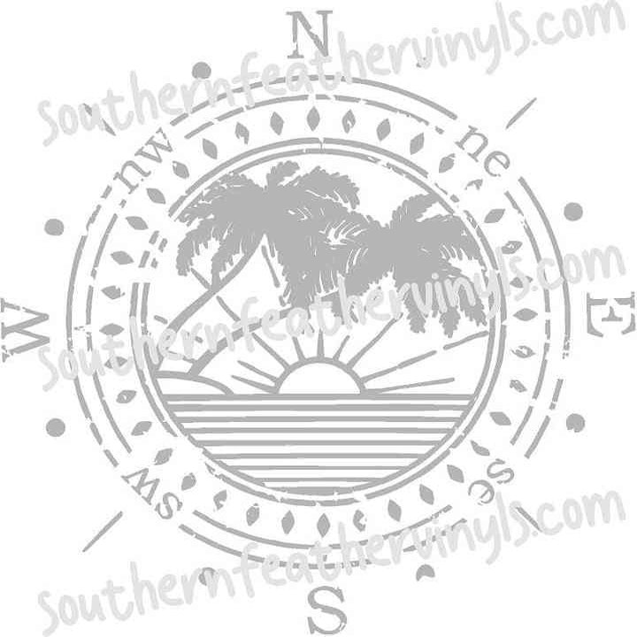 Sunset and Palm Trees Compass Rose Vinyl Decal, Nautical Sticker Decal for Car Hood Auto Body Side Door Waterproof Vinyl Stripe Decal Off-Road Vehicles (White, 12" x 12")