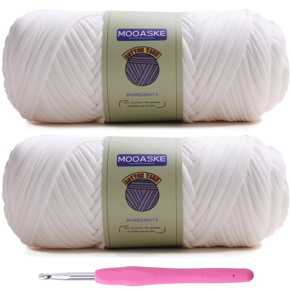 Mooaske 2 Pack T-Shirt Crochet Yarn for DIY Knitting Crochet Cloth Blanket Bag Dolls - 400g Chunky Thick Yarn for Crocheting with Polyester-Spandex Blend Elastic Fabric (White)