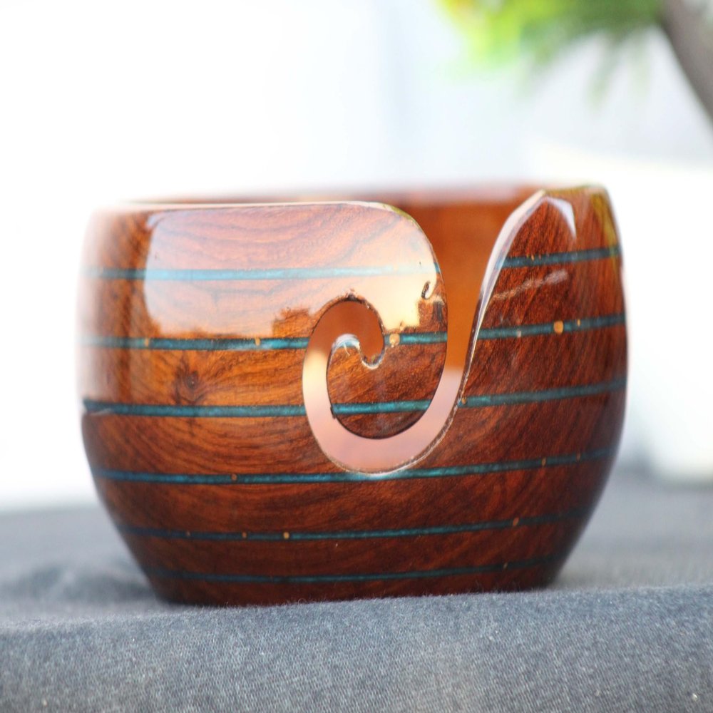 Lichtenberg Figure Yarn Bowl - Handmade Wooden Yarn Bowl for Knitting Yarn Ball Holder - Yarn Bowls with Holes Crochet Bowl Holder - Resin Yarn Storage Bowl 7" x 4" inches (Large)