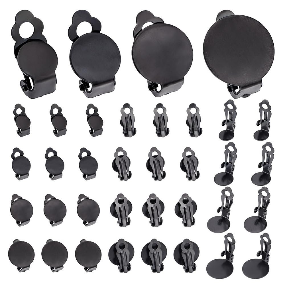 UNICRAFTALE 32Pcs 4 Styles Stainless Steel Clip-On Earring Findings Sets Metal Flat Round Blank Clip-on Earring Black Hypoallergenic Clip-On Earring Converter Earring Pads for Earring Making
