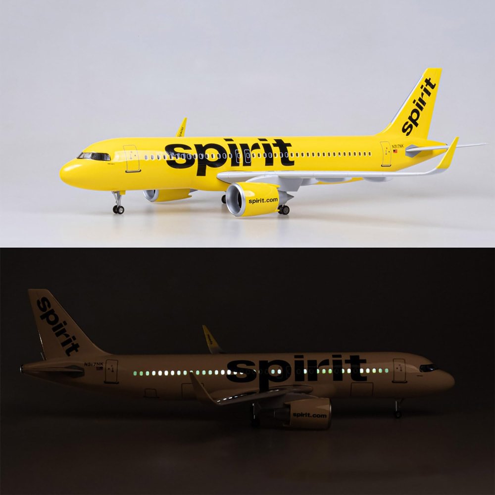 AZIZAT 17.5" 1:80-Scale Model Jet Airplane Spirit A320 with Wheels, LED Lights (Touch/Vocal Activation), Collectible Gift for Hobbyists, Collectors, Aviation Enthusiasts, Ages 6+