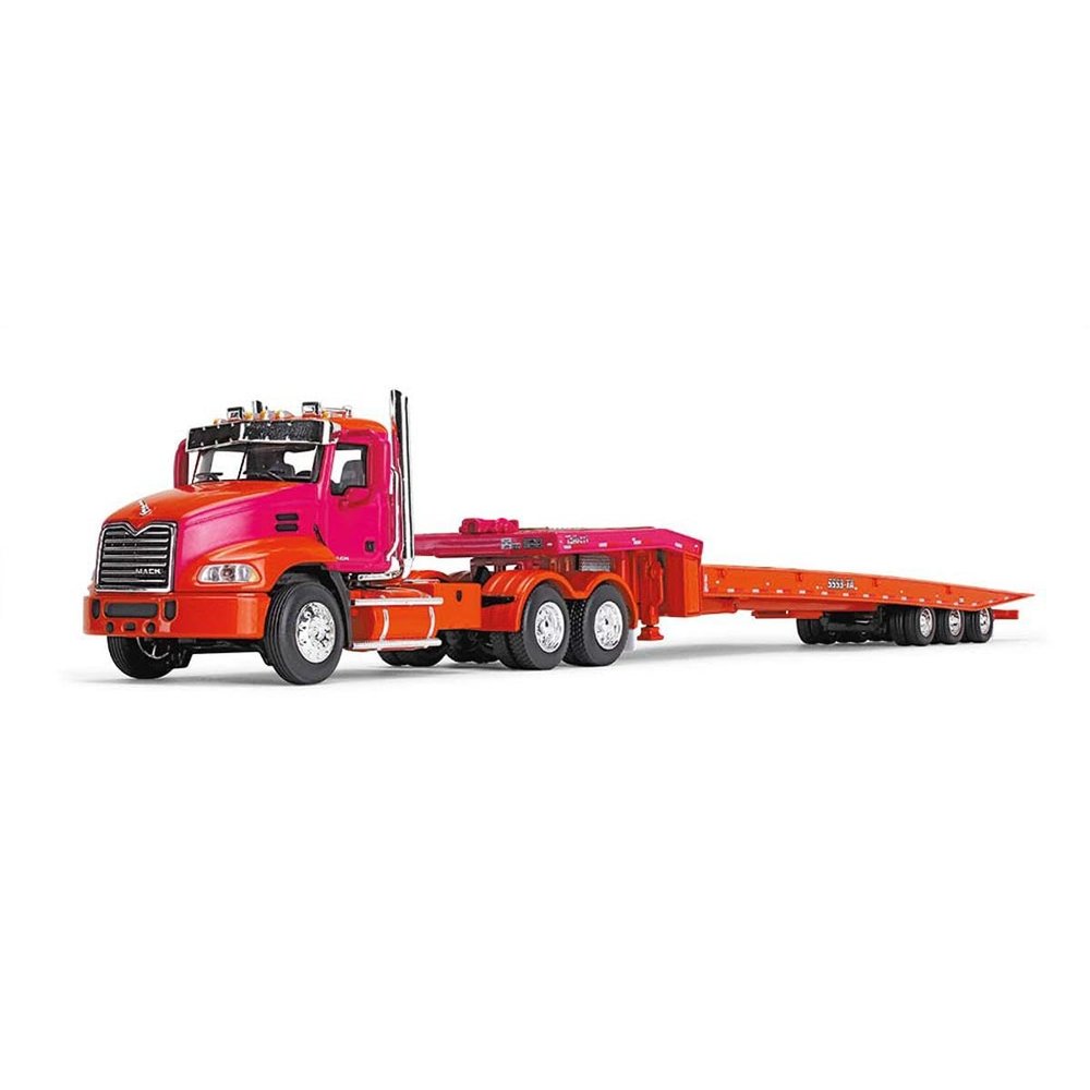 DCP 1/64 Orange & Fuchsia Mack Pinnacle w/Talbert 5553TA Traveling-Axle Trailer 60-1648