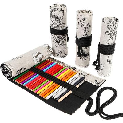 DIYOMR 12/24/36/72 Slots Pencil Wrap Pencil Rolls, Artist Colored Pencil Roll Up Bag Short Brush Pouch Case Pencils Organizer for Drawing Coloring and Sketching, No Pencils (Peony Flower, 12slots)