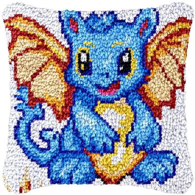 Latch Hook Kits Square Pillowcase Kits Little Baby Blue Dragon Latch Hook Cushion Rug Throw Pillow Mat Embroidery Craft Kits for Beginner with Printed Pattern Canvas Home Decor 43x43cm