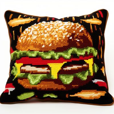 Latch Hook Kits Square Pillowcase Kits with Hamburger Pattern Latch Hook Cushion Rug Throw Pillow Mat Embroidery Craft Kits for Beginner with Printed Pattern Canvas Home Decor 43x43cm