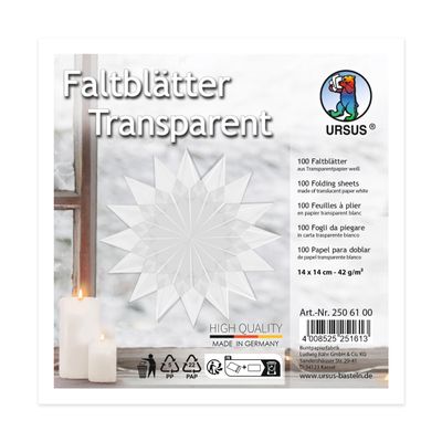 Ursus 2506100 Folding Sheets Made of White Tracing Paper, Approx. 14 x 14 cm, 42 g/m, 100 Sheets, for Folding Transparent Shimmering Figures, Coloured