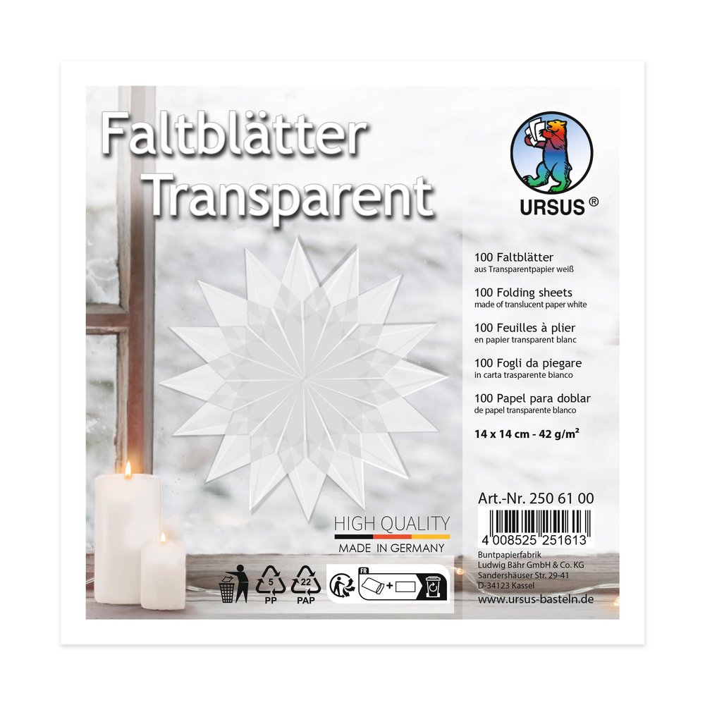 Ursus 2506100 Folding Sheets Made of White Tracing Paper, Approx. 14 x 14 cm, 42 g/m, 100 Sheets, for Folding Transparent Shimmering Figures, Coloured