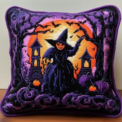 Latch Hook Pillowcase Kits Purple Style Halloween Latch Hook kit Cushion Throw Pillow Embroidery Craft Kits for Beginner DIY Latch Hook Rug Kit with Printed Canvas Hobby & Craft 43x43cm