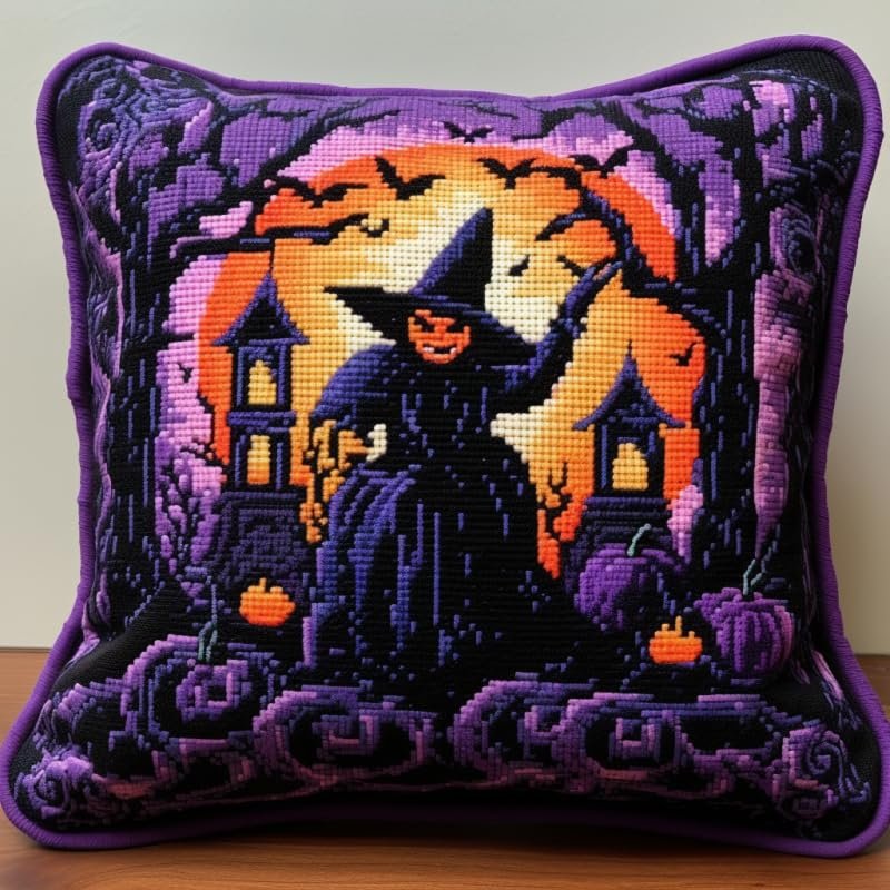 Latch Hook Pillowcase Kits Purple Style Halloween Latch Hook kit Cushion Throw Pillow Embroidery Craft Kits for Beginner DIY Latch Hook Rug Kit with Printed Canvas Hobby & Craft 43x43cm