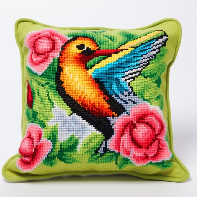 Latch Hook Pillowcase Kits Cartoon Hummingbird Latch Hook kit Cushion Throw Pillow Embroidery Craft Kits for Beginner DIY Latch Hook Rug Kit with Printed Canvas Hobby & Craft 43x43cm