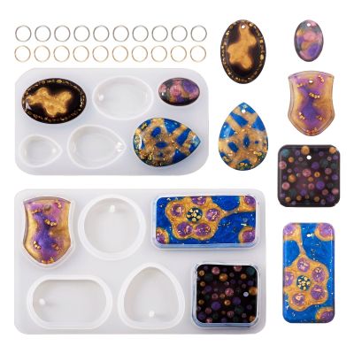 Craftdady 2Pcs Gemstone Charms Silicone Molds Oval Teardrop Rectangle Gems Resin Casting Molds with Jump Rings for Epoxy Resin Crafts DIY Earrings Jewelry Making Supplies