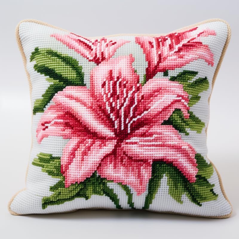 Latch Hook Pillowcase Kits Pink Lily Pattern Latch Hook kit Cushion Throw Pillow Embroidery Craft Kits for Beginner DIY Latch Hook Rug Kit with Printed Canvas Hobby & Craft 43x43cm