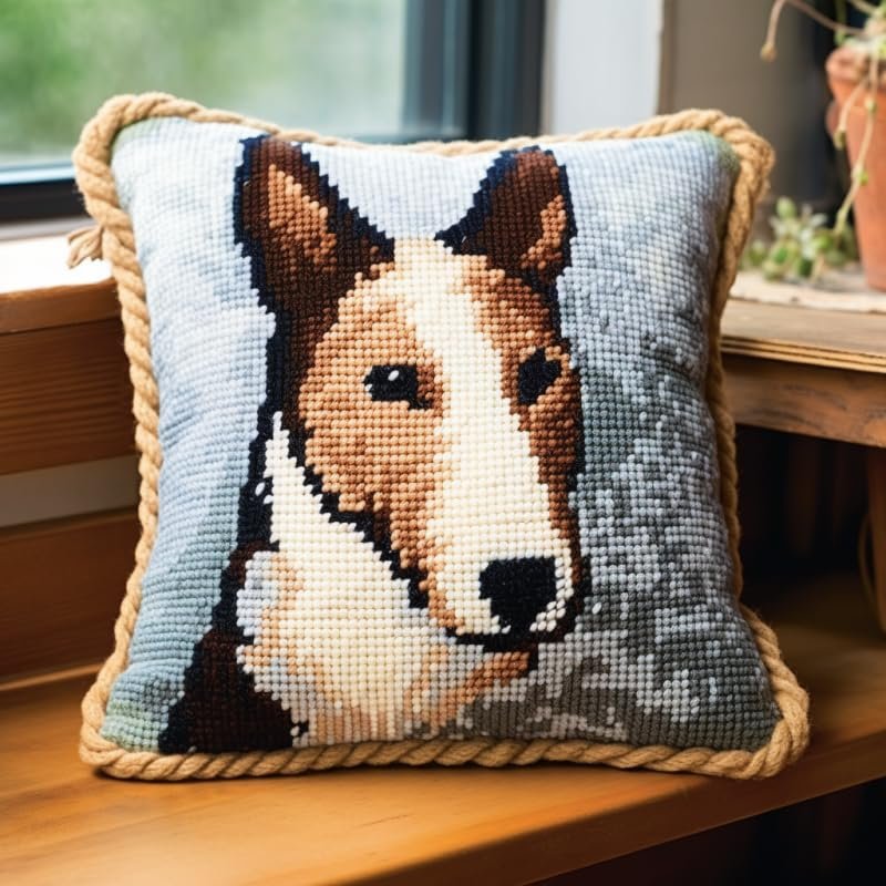 Latch Hook Pillowcase Kits Bull Terrier Latch Hook kit Cushion Throw Pillow Embroidery Craft Kits for Beginner DIY Latch Hook Rug Kit with Printed Canvas Hobby & Craft 43x43cm