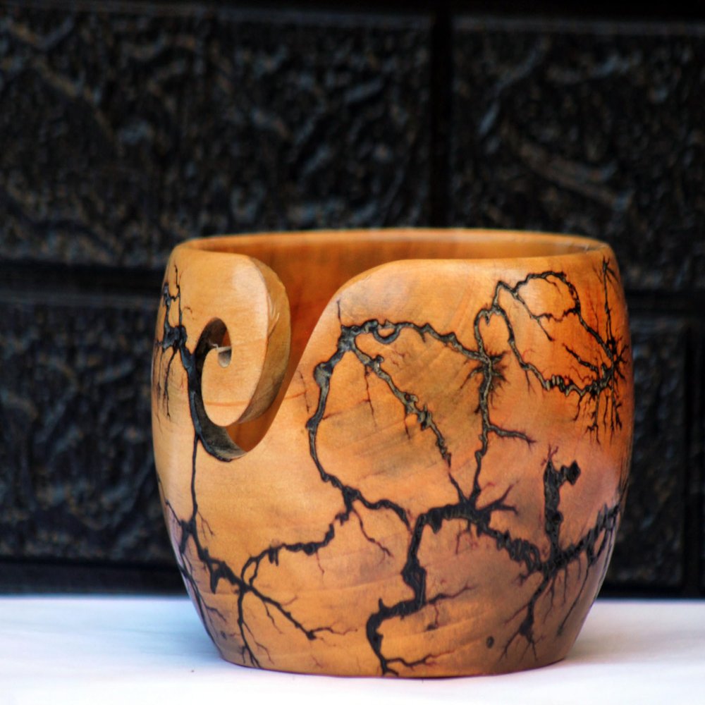 Yarn Bowl - Turned Wood for Knitting Crocheting Bowl | Lichtenberg Wood Fracking Yarn Bowls Gift for Mom (Blue Resin)