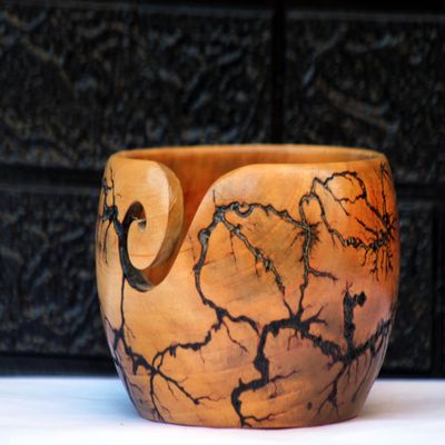 Yarn Bowl - Turned Wood for Knitting Crocheting Bowl | Lichtenberg Wood Fracking Yarn Bowls Gift for Mom (Red Resin)