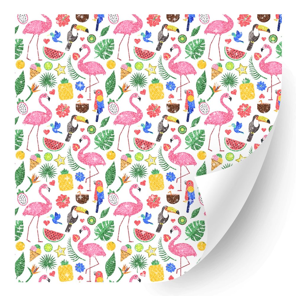 HTV4U Glitter Animal Patterned Heat Transfer Vinyl (Summer Tropical Birds, 12" x 5 Yards) - Printed Heat Press Transfer Paper, Iron on Vinyl for T-Shirt, Craft