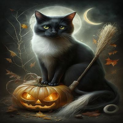 Treff 5D Diamond Painting Set Halloween Black Cat Magic Broom Diamond Painting Adult and Children's All Diamond Crystal Cross Embroidery Set, Suitable for Home Decoration 12x8 inches