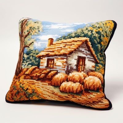 Latch Hook Pillowcase Kits Cottage House Latch Hook kit Cushion Throw Pillow Embroidery Craft Kits for Beginner DIY Latch Hook Rug Kit with Printed Canvas 43x43cm