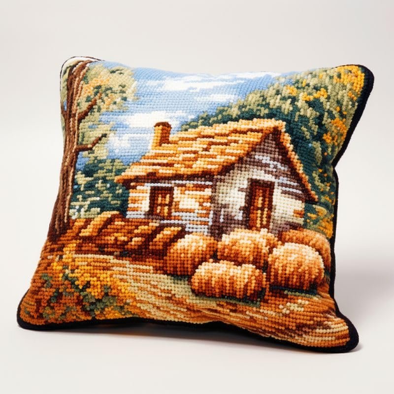 Latch Hook Pillowcase Kits Cottage House Latch Hook kit Cushion Throw Pillow Embroidery Craft Kits for Beginner DIY Latch Hook Rug Kit with Printed Canvas 43x43cm