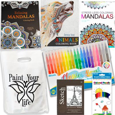 Adult Coloring Book Set | Art kit activities Mandalas, Pencils & Markers care package | Gift basket Get well soon gift, for women, men, after surgery for Stress Anxiety Relief & Relaxation
