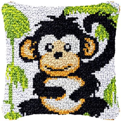 Cute Monkey Latch Hook Kits Pillow Crochet Yarn Rug Pre-Printed Cushion Needlework Pillowcase DIY Hook and Latch Kit Christmas Home Sofa Decoration 43x43cm(2)
