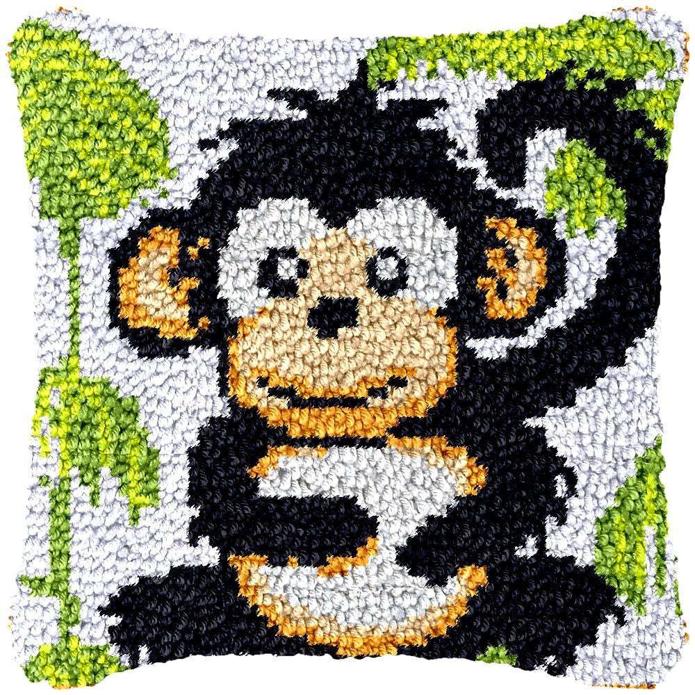 Cute Monkey Latch Hook Kits Pillow Crochet Yarn Rug Pre-Printed Cushion Needlework Pillowcase DIY Hook and Latch Kit Christmas Home Sofa Decoration 43x43cm(2)
