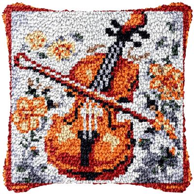 Violin Latch Hook Kits Pillow Crochet Yarn Rug Pre-Printed DIY Cushion Needlework Pillowcase Hook and Latch Kit Christmas Home Sofa Decoration 43x43cm(3)