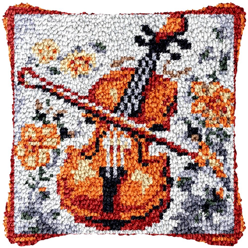 Violin Latch Hook Kits Pillow Crochet Yarn Rug Pre-Printed DIY Cushion Needlework Pillowcase Hook and Latch Kit Christmas Home Sofa Decoration 43x43cm(3)