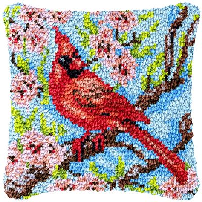 Red Bird Cardinal Latch Hook Kits Pillow Crochet Yarn Rug Pre-Printed DIY Cushion Needlework Pillowcase Hook and Latch Kit Christmas Home Sofa Decoration 43x43cm(3)