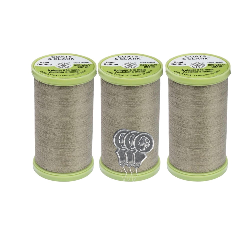 Coats & Clark Hand Quilting Sewing Thread Cotton Covered Polyester 325 Yards S960 3 Pack Bundle with 3 Bella's Crafts Needle Threaders (Green Linen)