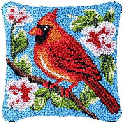 Red Bird Cardinal Latch Hook Kits Pillow Crochet Yarn Cushion Pre-Printed Rug Needlework DIY Pillowcase Hook and Latch Kit Christmas Home Sofa Decoration 43x43cm(1)