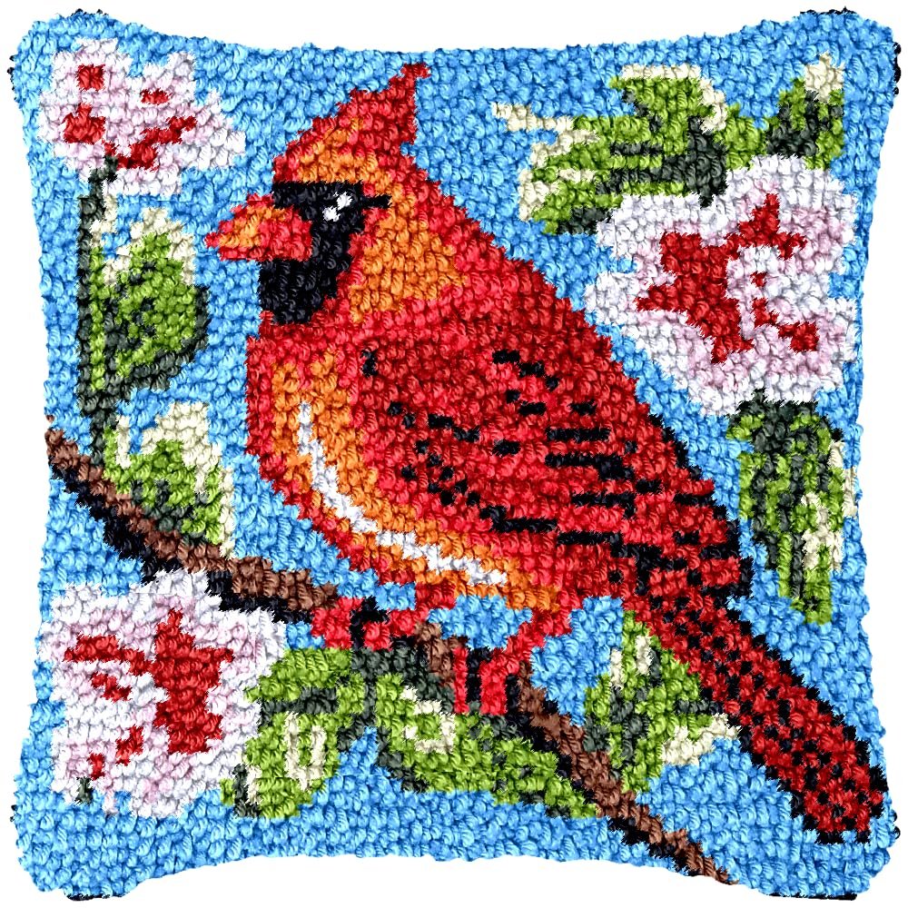 Red Bird Cardinal Latch Hook Kits Pillow Crochet Yarn Cushion Pre-Printed Rug Needlework DIY Pillowcase Hook and Latch Kit Christmas Home Sofa Decoration 43x43cm(1)