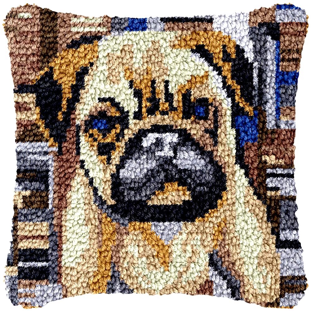 Cute Pug Dog Latch Hook Kits Pillow Crochet Yarn Cushion Pre-Printed Rug Needlework DIY Pillowcase Hook and Latch Kit Christmas Home Sofa Decoration 43x43cm(1)