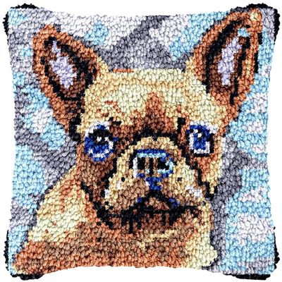 French Bulldog Latch Hook Kits Pillow Crochet Yarn Cushion Pre-Printed Rug Needlework DIY Pillowcase Hook and Latch Kit Christmas Home Sofa Decoration 43x43cm(4)