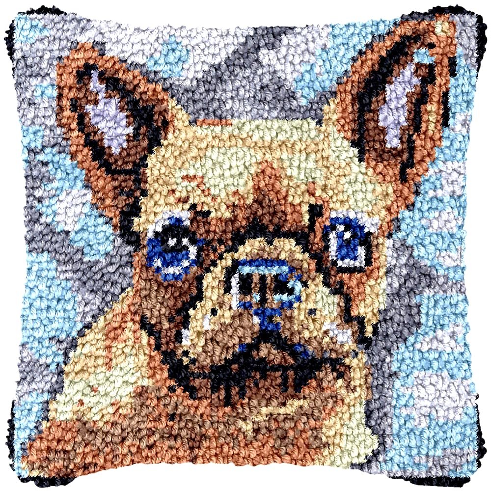 French Bulldog Latch Hook Kits Pillow Crochet Yarn Cushion Pre-Printed Rug Needlework DIY Pillowcase Hook and Latch Kit Christmas Home Sofa Decoration 43x43cm(4)