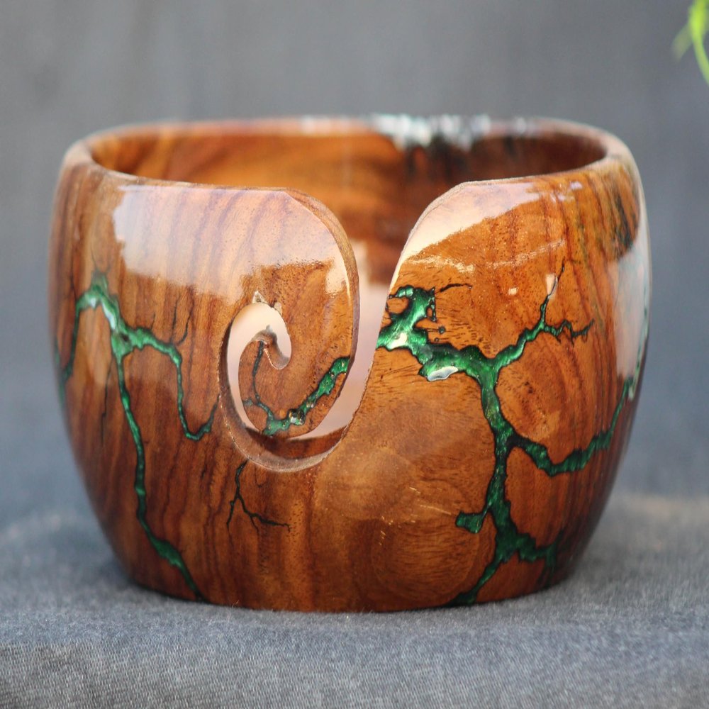 Handmade Wooden Yarn Bowl for Knitting Yarn Ball Holder - Lichtenberg Figure Yarn Bowl - Yarn Bowls with Holes Crochet Bowl Holder - Resin Yarn Storage Bowl 7" x 4" inches (Green & White)