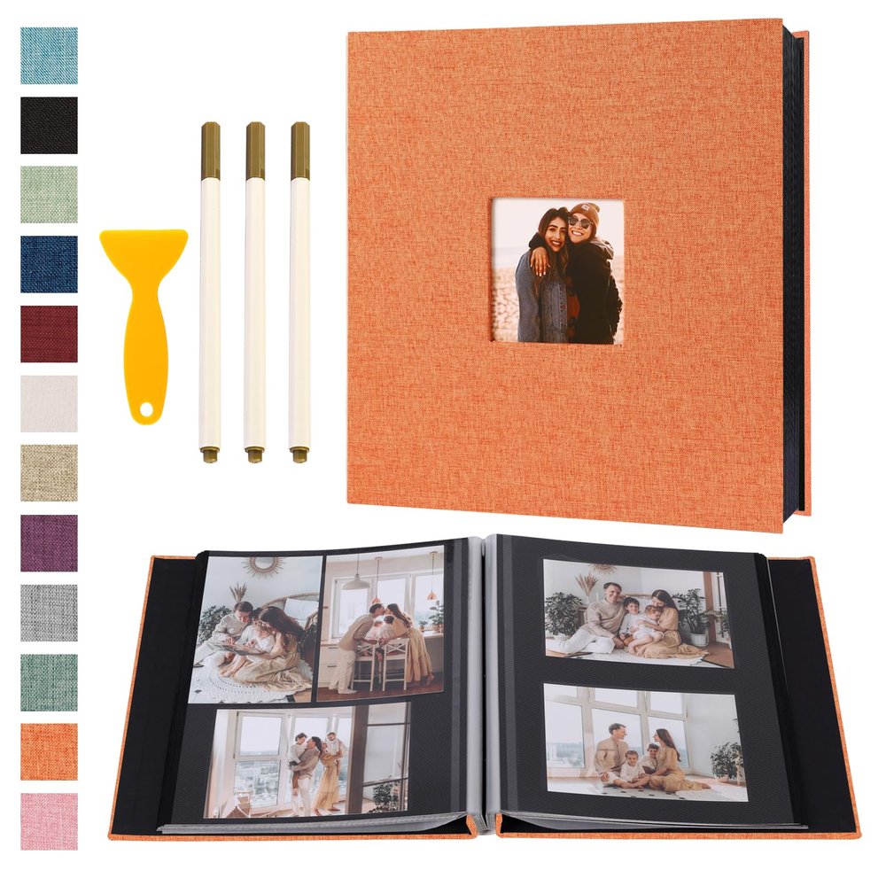 Self Adhesive Photo Album Black Pages Scrapbook Magnetic Photo Albums for 4x6 5x7 8x10 Pictures Books with Sticky Pages with A Metallic Pen for Baby Family Wedding 13.2x12.8 Orange 120 Pages