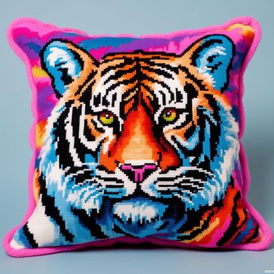 Latch Hook Pillowcase Kits Pink Tiger Latch Hook kit Pillow Cover Throw Pillow Embroidery Craft Kits for Beginner DIY Latch Hook Rug Kit with Printed Canvas Hobby & Craft 43x43cm(199)