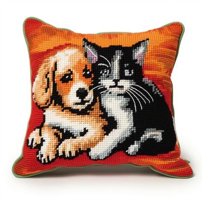 Latch Hook Pillowcase Kits Kitten & Dog Latch Hook kit Pillow Cover Throw Pillow Embroidery Craft Kits for Beginner DIY Latch Hook Rug Kit with Printed Canvas Hobby & Craft 43x43cm